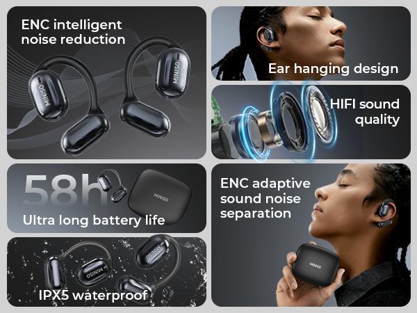 MINISO OWS Open Bluetooth Earphones HIFI Sound Quality Music Wireless Earphones Gaming Low Latency Wireless Earphones IPX5 Waterproof OWS Earphones Comfortable to Wear Earbuds Touch Control Compatible with All Mobile Phones