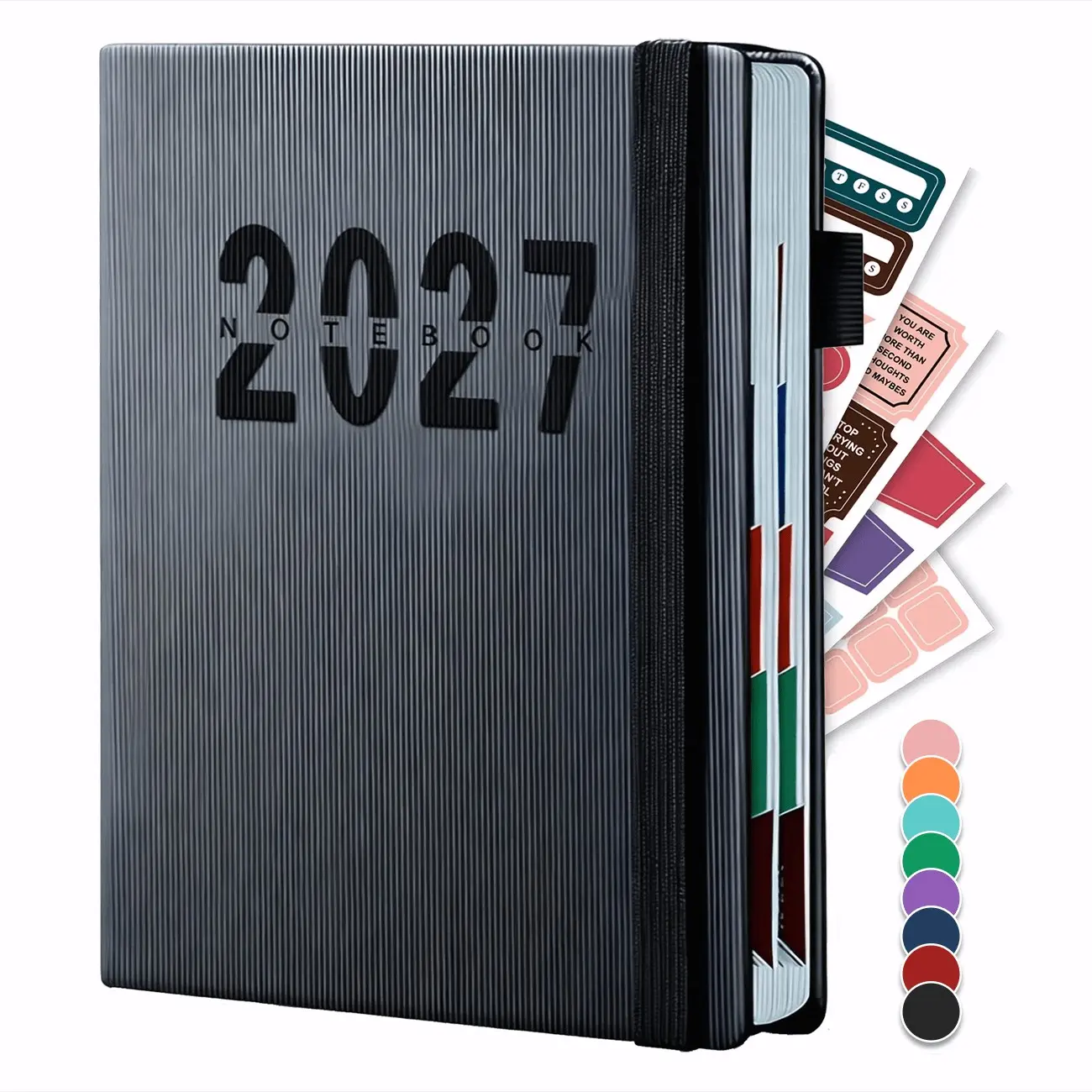 2027 Daily Planner Notebook, Day Planner, 200 Sheets/400 Pages, 8 Colors, Calendar Diary with 4 Stickers Sheets, Time Management Organization Schedule Book for Personal Planning