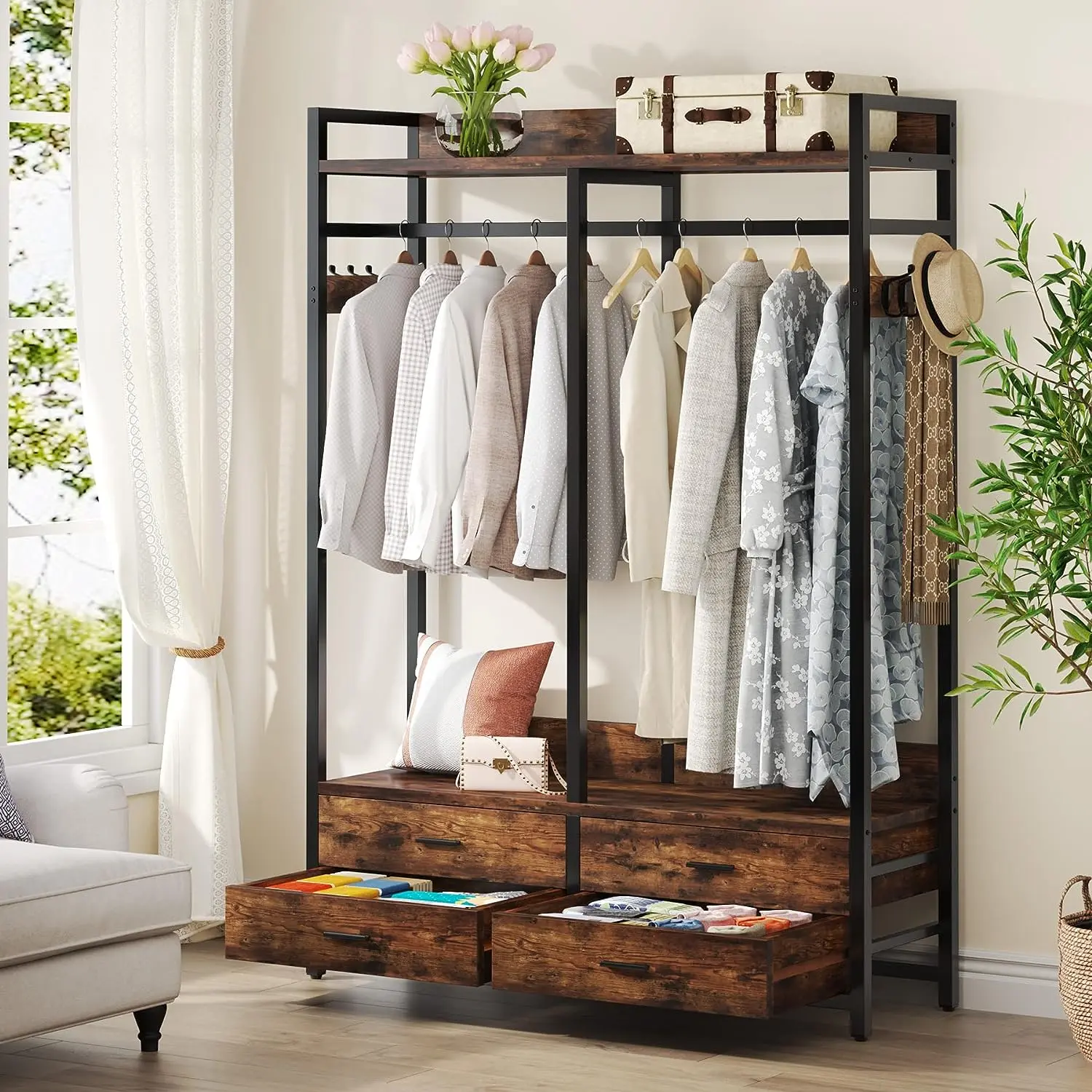 Tribesigns Freestanding Closet Organizer for Hanging Clothes, Heavy Duty Garment Rack with 4 Drawers, 8 Hooks and Storage Shelves, Wardrobe Closet Clothing Rack for Bedroom, Living Room