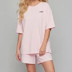 Luckmeey Crewneck Two-Piece Set For Women Summer Casual Oversized Split Hem Shirts & Side Pocket Biker Shorts Minimalist Lounge Wear Soft Viscose Fabric Comfy Homewear Cozy Pjs