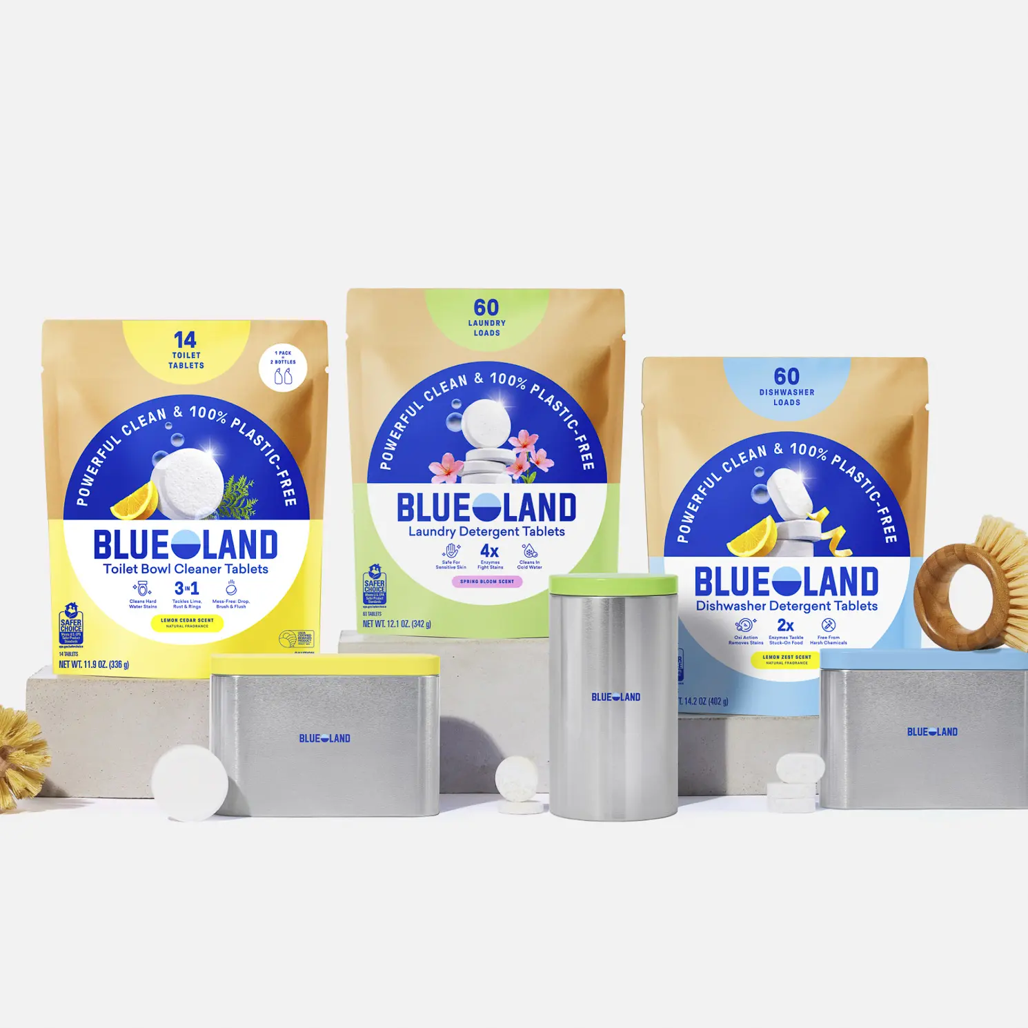Blueland Tablet Trio Kit, Toilet Bowl Cleaner, Dishwasher & Laundry Detergent Tablets with 3 Reusable Steel Storage Tins
