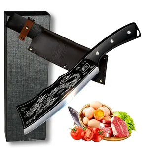 Outdoor machete Dragon knife handmade kitchen chef knife with leathercover,hand forged cutting knife for outdoor foodcooking black chopper multi-purpose camping knife kitchenwaremeat bone cleaver
