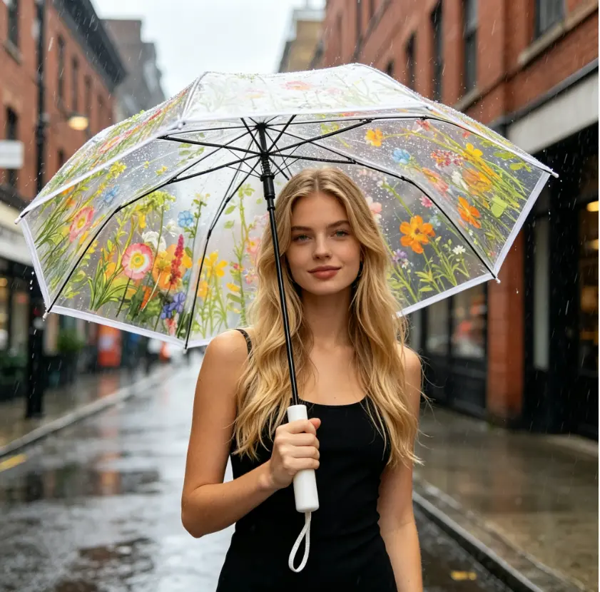 Cute Clear Floral Umbrella – 3-Fold Automatic Compact Travel Umbrella, Windproof Transparent Rain Umbrella for Women, Lightweight Folding Pocket Umbrella, Aesthetic Flower Print