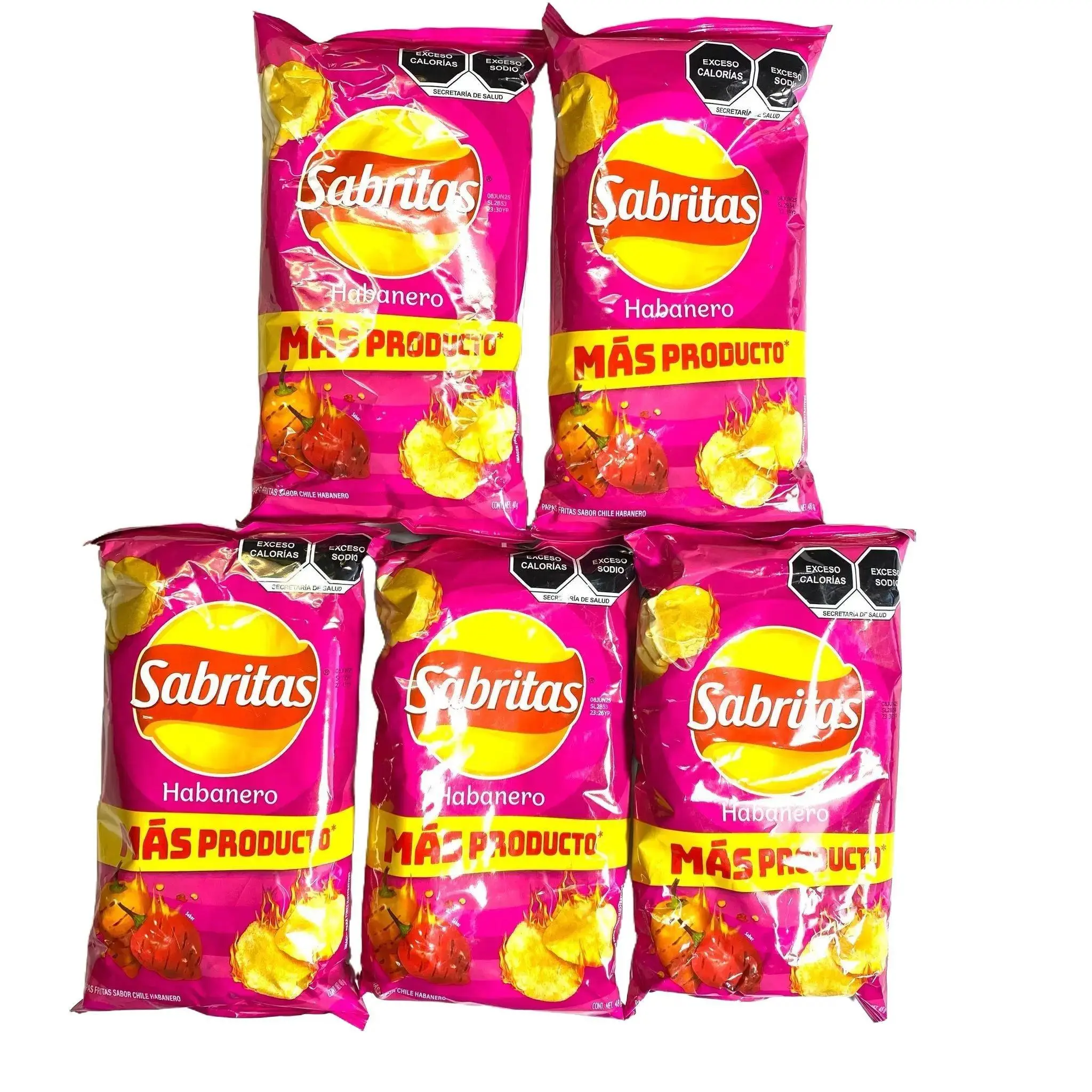 5 - PK SABRITAS HABANERO, Chips, Snack Crispy Crunchy Bite - 42 GRAMS PER BAG - MEXICAN CHIPS - PAPITAS MEXICANAS - SABRITAS