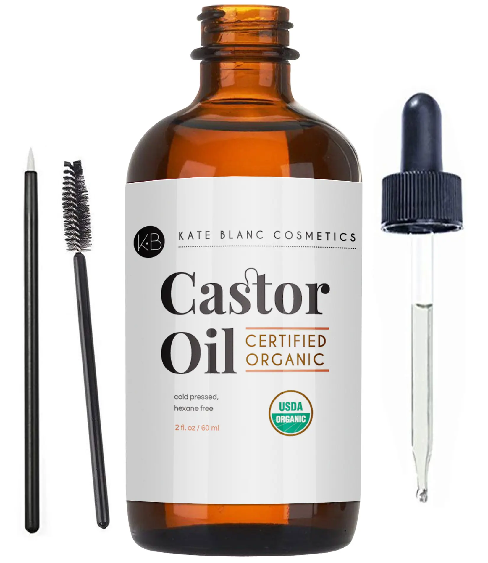 Kate Blanc Cosmetics Organic Castor Oil (2oz) for Thicker-Looking Hair, Lashes, and Brows | Non Greasy Moisture Haircare