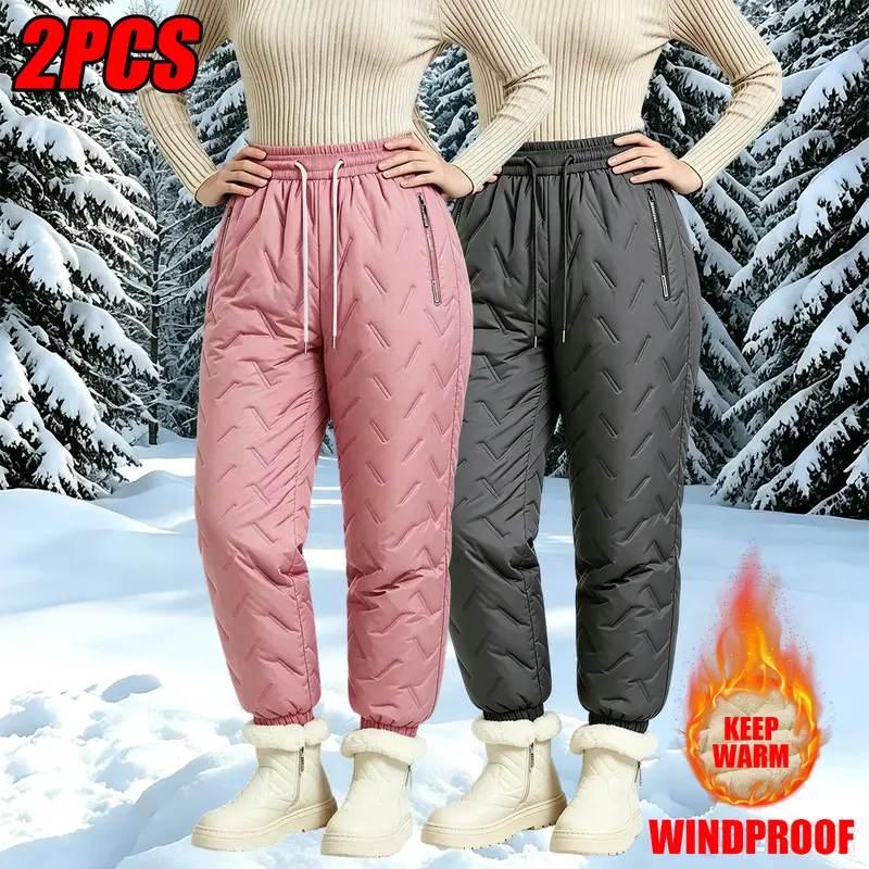 JOGWAVE Lady's Fitted Polyester Full-Length Winter Pants - 2-Piece Minimalist Fleece-Lined Thick Warm Mid-Waist Straight-Leg Bottoms with Elastic Drawcord, Letter Stripe Detailing, Zippered Pockets, Lightweight Non-Bulky Fit