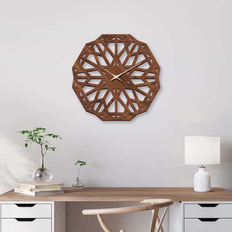 Carved flower shaped wooden wall clock, 16 inch walnut texture unique shaped quartz clock, silent non-ticking battery power supply, thickened 9mm thickness, suitable for living room, bedroom, office decoration