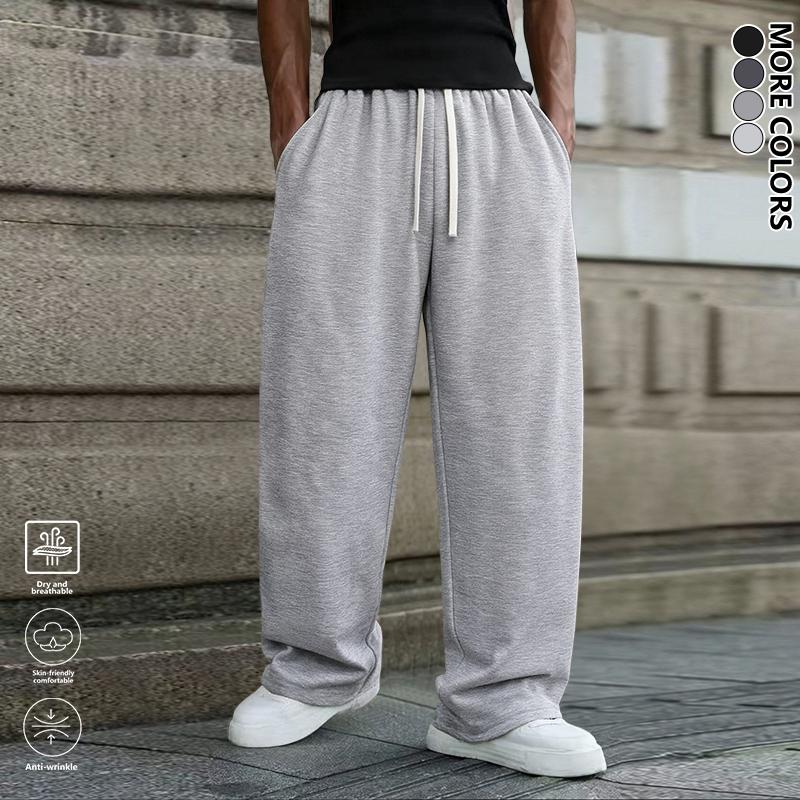 Men's Solid Gray Basic Drawstring Waist Sweatpants Micro-Elastic Comfortable Straight Casual Trousers Regular Version Spring Autumn Outdoor Sportswear Double Pockets All Seasons