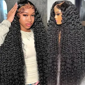13x6 Water Wave Lace Front Wigs Human Hair Pre Plucked Glueless Wigs Human Hair 180 Density Water Deep Cury HD Transparent 13x6 Full Lace Frontal Wigs Brazilian Virgin Hair Wigs Natural Black