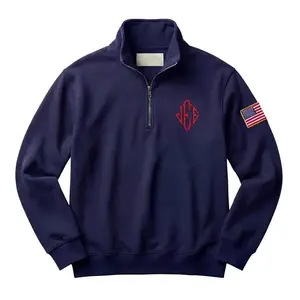 Embroidered Quarter Zip Sweatshirt, USA Sleeve Inspired Pullover, Monogram Quarter Zip Sweater, Unisex Blue Fleece