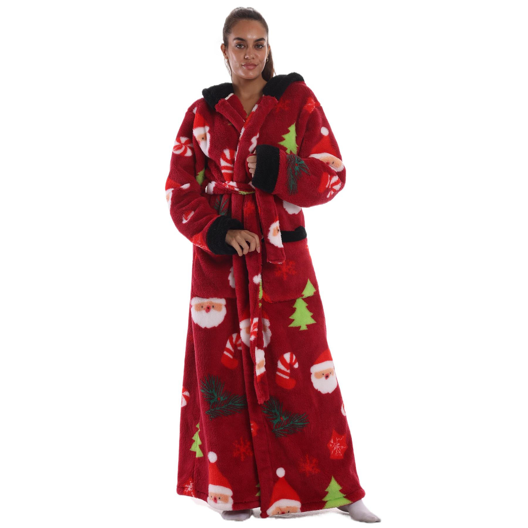 Msrlassn 1Pcs Cozy Soft Bathrobe Flannel Lined Hooded Robe for Women , Thickened Long Sleeve Pyjamas Cute Print Home Loungewear Sleepwear Gowns