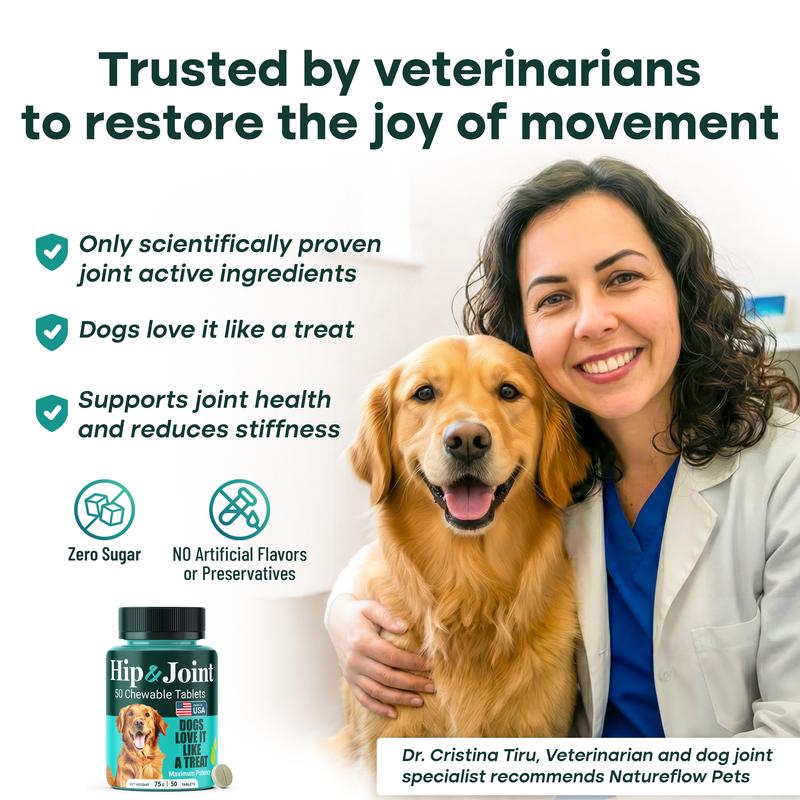 Natureflow Hip & Joint Supplement for Dogs Green-Lipped Mussel Glucosamine Mobility Support Zero Sugar Chewable Tablets MSM Chondroitin Ginger Devil’s Claw Made in USA