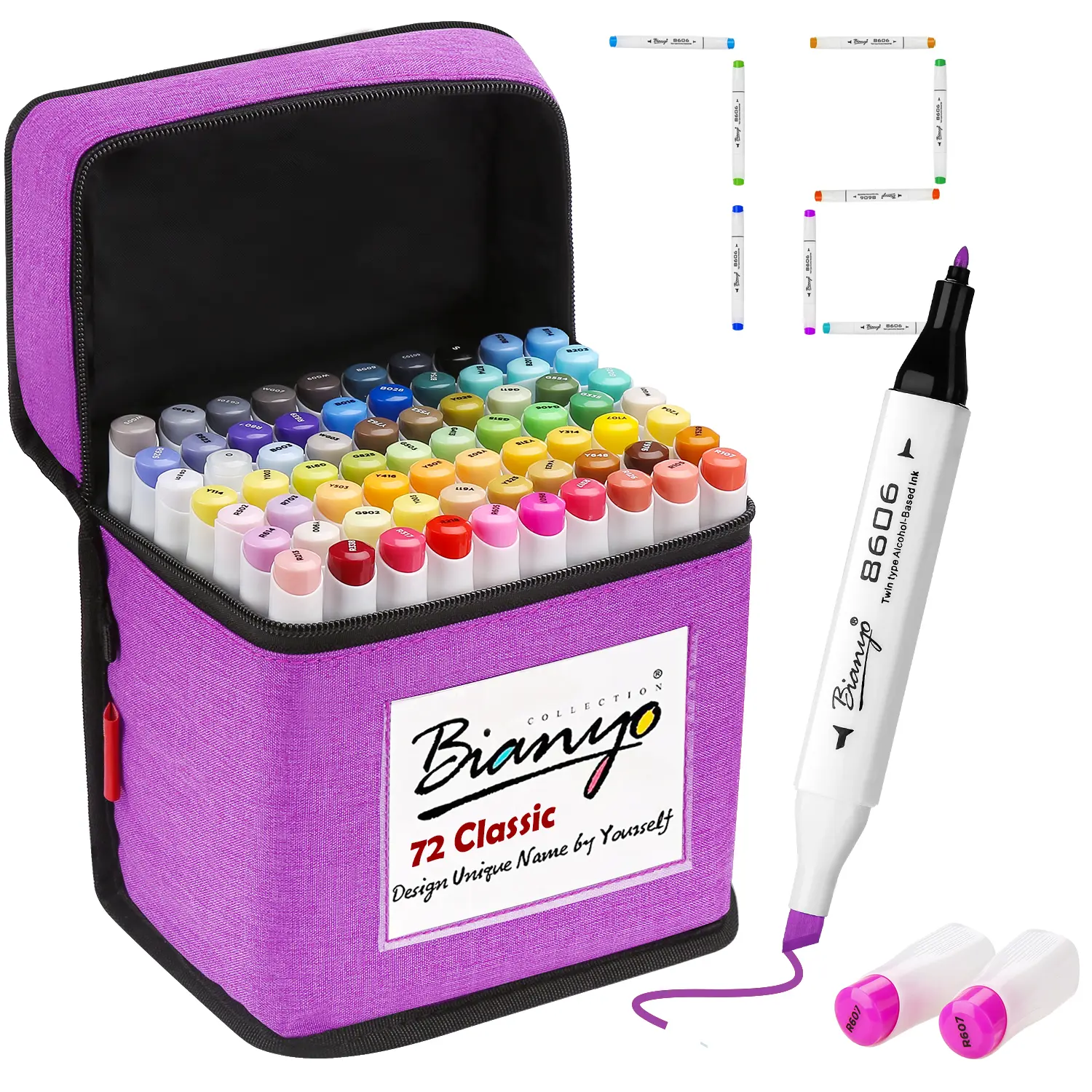 Bianyo 72 Primary Colors Alcohol Markers Set, Double Tipped Fine & Chisel Art Marker Set for Coloring, Drawing, Sketching, 71 Classic Colors+1 Blender+1 Swatch+1 Purple Travel Case, Alcohol Markers & Highlighters