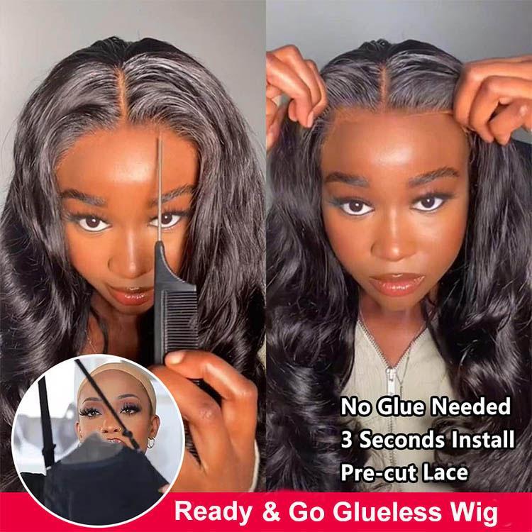 West Kiss Pre Cut Ready Go Glueless Wig Body Wave 7x4 Lace Closure Wig Human Hair 7x5 Closure Wig Bleached Knots Pre Plucked 250% Density Gluleless Wig For Women FebruaryFaves