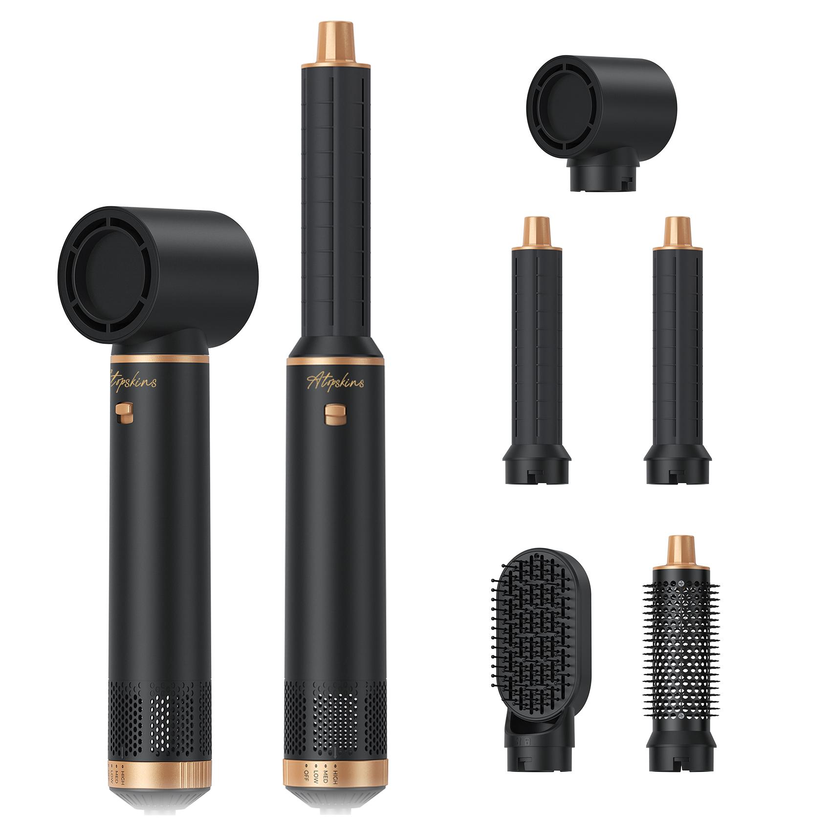ATOPSKINS 5-in-1 Air Styler,The Industry Basic :Soft Airflow & Ultra-Lightweight(The attachments are made of plastic）, Zero Heat Damage (203°F) for Non-Aggressive Styling Includes 1 Hair Dryer 2 Hot Air Curlers Gift Black Blue  diffuser curly hair Brush