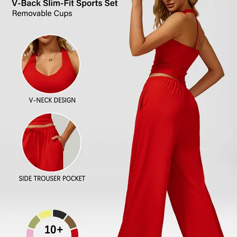 Women's Summervibes Casual V-neck Top and Wide-leg Pants Set, Women's Vacation and Travel Outfit, Comfortable Sporty Casual Wear, Yoga Set, Casual Loose Pants, Basic Set long pant suit Vneck Minimalist Outdoor Fun