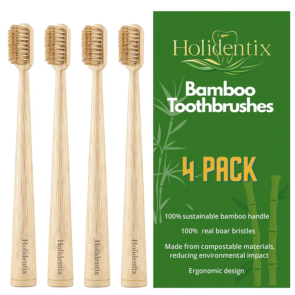 Holidentix Manual Toothbrush, Bamboo Handle, Boar Bristles, Biodegradable, Plastic-FreeBamboo Self Standing Toothbrushes.