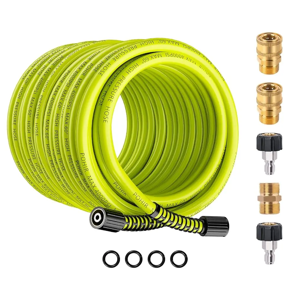 Summervibes POHIR High-Pressure Hose Kit, 50FT x 1/4In Kink Resistant Hose, 4000 PSI MAX Strength, Male-to-Male Quick Connect Adapters Set, Fits Most Guns for Heavy Duty Cleaning Jobs, Pressure Washer, 1 X M22 14Mm Male To Male