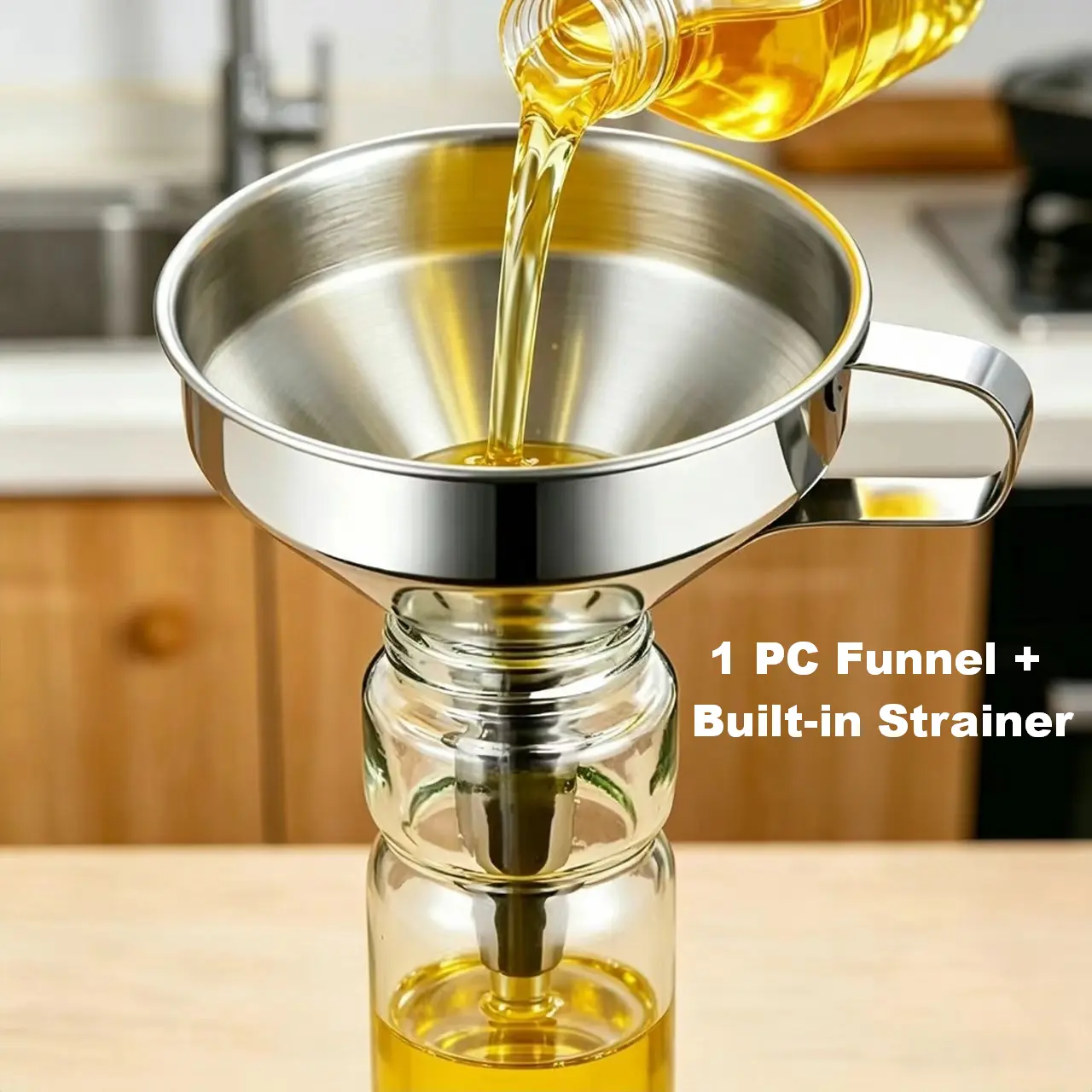 Stainless Steel Funnel with Removable Strainer, Wide Mouth & Handle, Reusable Food-Safe Kitchen Tool for Oil, Liquid, Powder & Canning