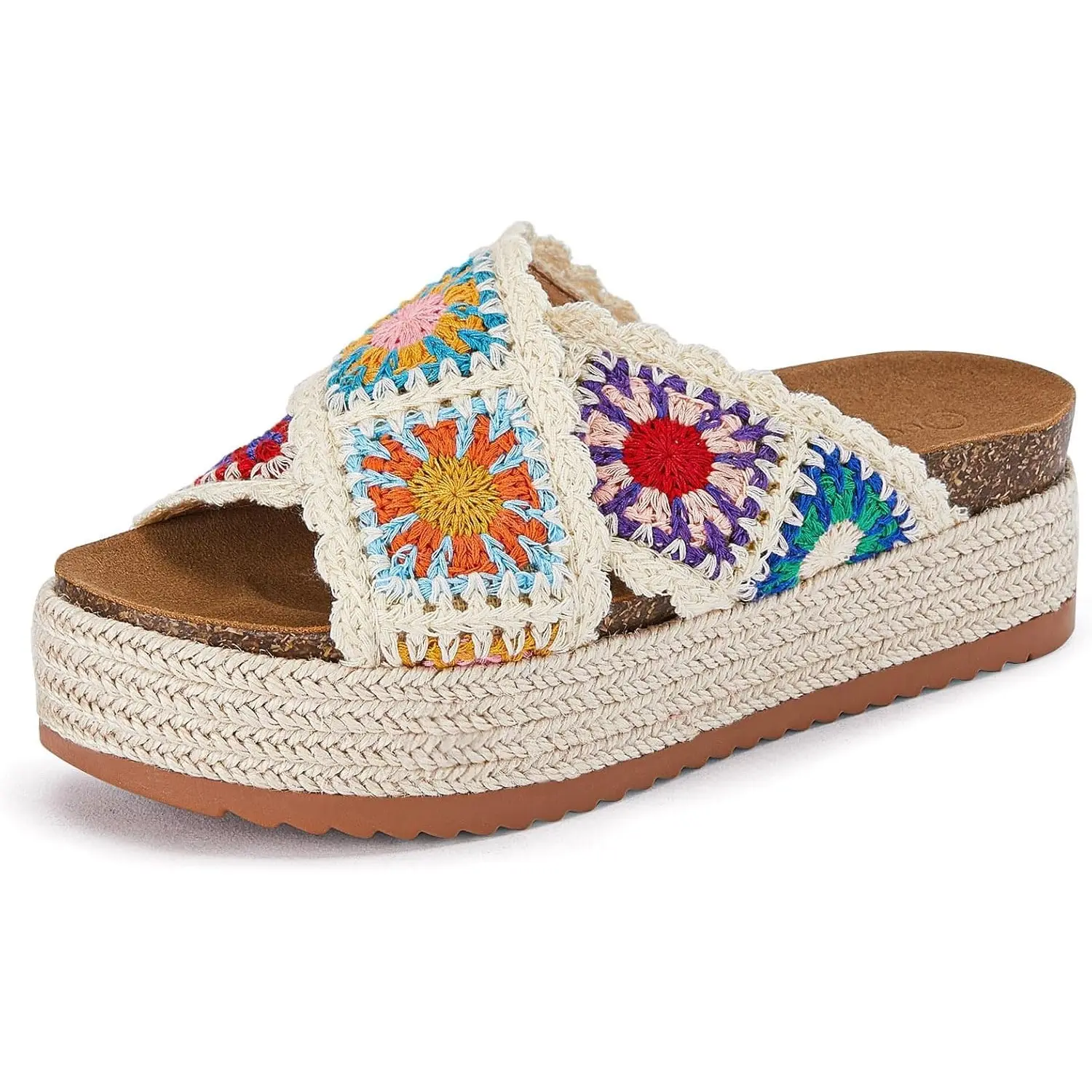 Coutgo Women's Floral Crochet Cork Platform Sandals - Open Toe, Elegant Decor-Accented, Comfortable Heels, Summer Beach Walking Slides, Women Sandals, Sandals Women