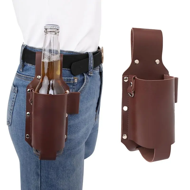Classic Leather Bottle Holster Multi Use Beer Holder Drink Belt Waist Bag for Travel Outdoor for Gifting Valentine's Day for Independence Day Carnival Day of the Dead Christmas Drinkware Mexican 01