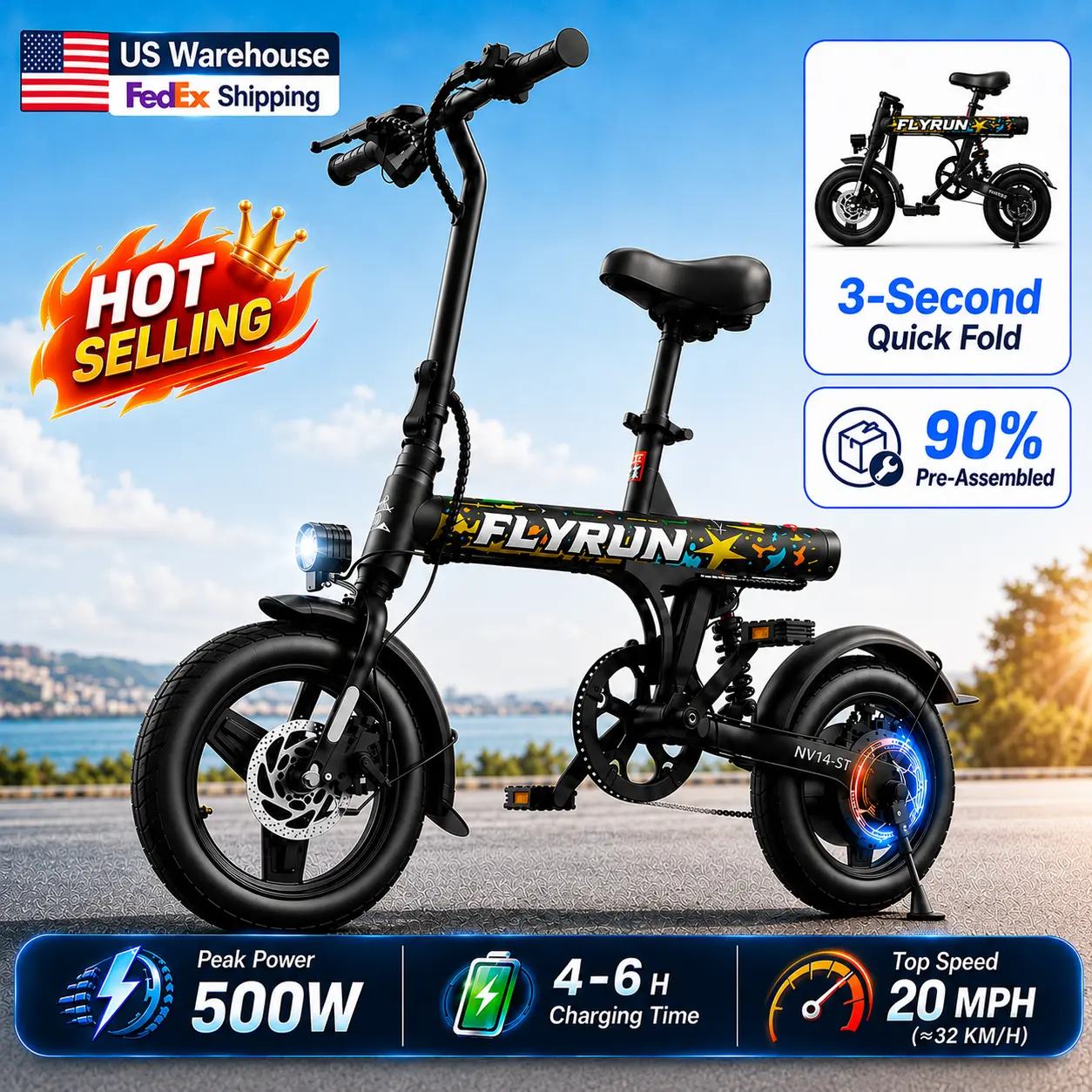 FLYRUN 14-Inch Urban Folding Electric Bicycle  - 500W Motor, 280.8Wh Large Lithium-Ion Battery, 4-6h Range, Dual Disc Brakes, LCD Display, 3 Riding Modes, UL Certified, Compact for Commuting & Travel