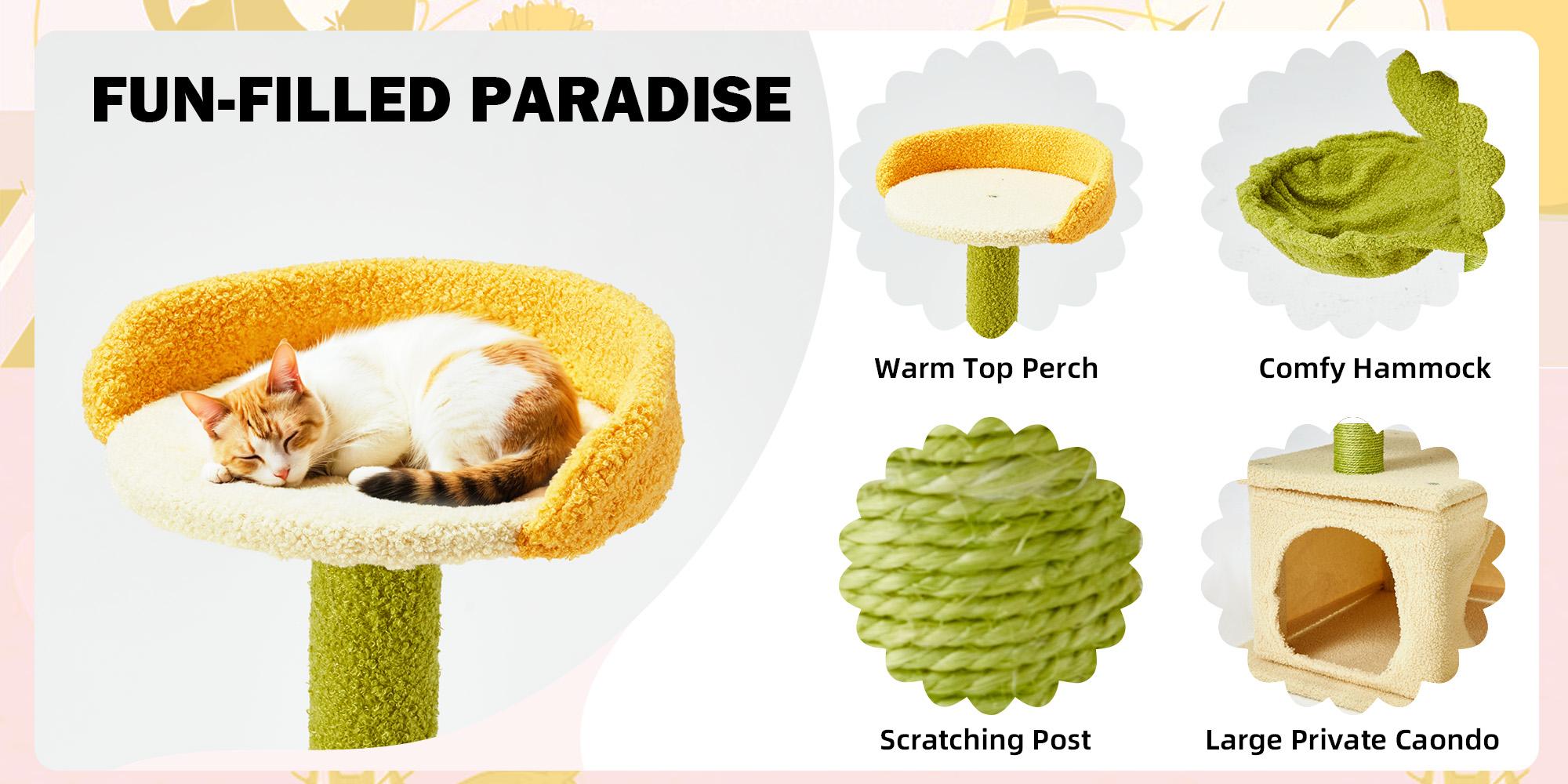 EROMMY 69'' Multi-Level Cat Tree Tower, Cute Cat Tree With Cat Scratching Posts for Indoor Cats , Tall Cat Climbing Tower With Cat House, Cat Bed, Stylish Cat Furniture, Green & Yellow