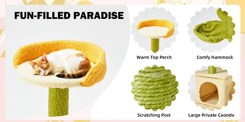 EROMMY 69'' Multi-Level Cat Tree Tower, Cute Cat Tree With Cat Scratching Posts for Indoor Cats , Tall Cat Climbing Tower With Cat House, Cat Bed, Stylish Cat Furniture, Green & Yellow