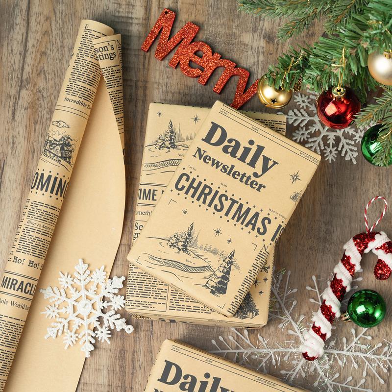 RUSPEPA Vintage Newspaper Christmas Wrapping Paper Roll Mini 17x16.4 Ft with Tree & Festive Design Kraft Gift Wrap for Holiday Party