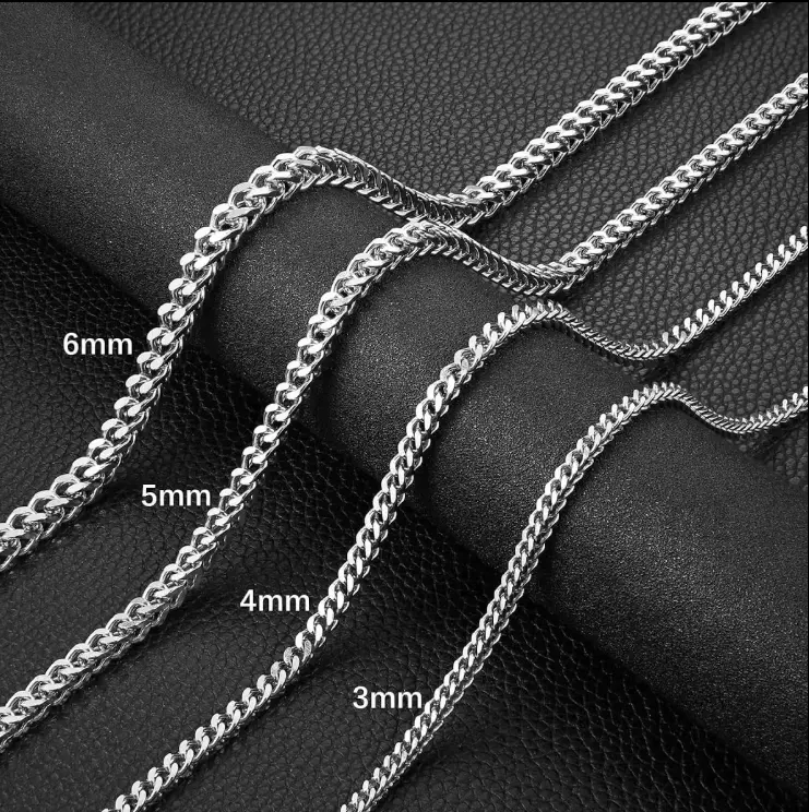 Men's Multi-Size Long Franco Chain & Link Necklace, High-Quality 316L Stainless Steel Square Links, Durable Hip Hop Jewellery for Daily Casual Wear, Party, Skin-Friendly, Solid, Men's Accessories, Boyfriend Gifts, Cool Gifts For Guys, Unisex, Jewelry, Fra