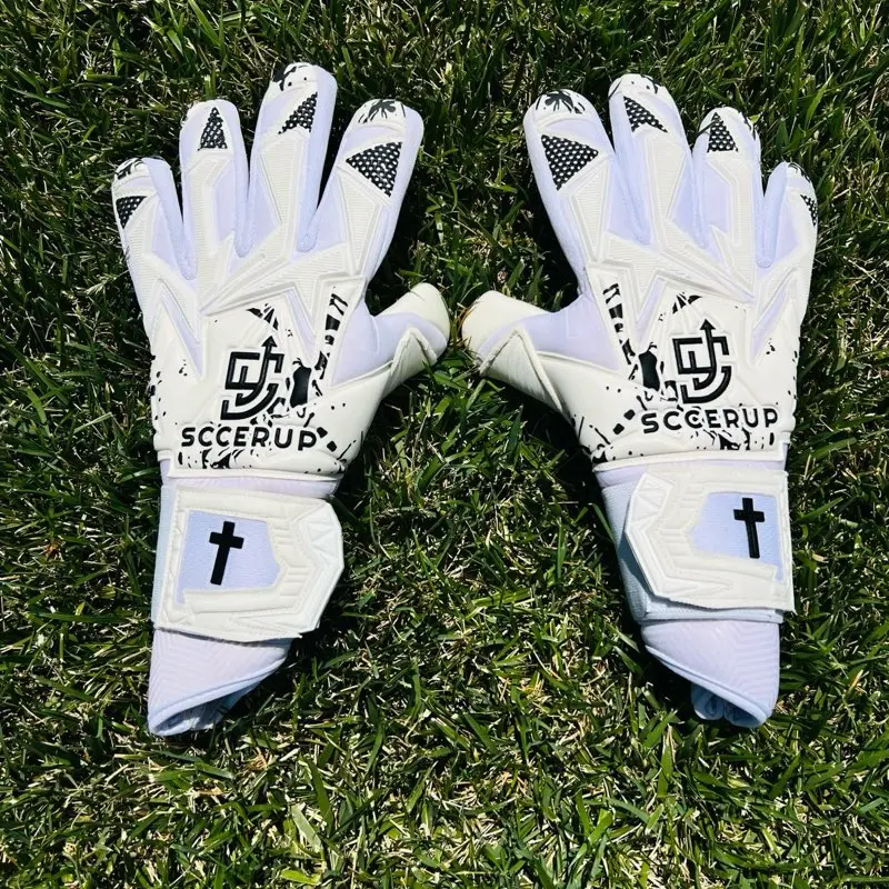 Sccerup GoalKeeper Gloves with Carry Bag - White Soccer Goalie Gloves Featuring Unique Design and Cross Logo
