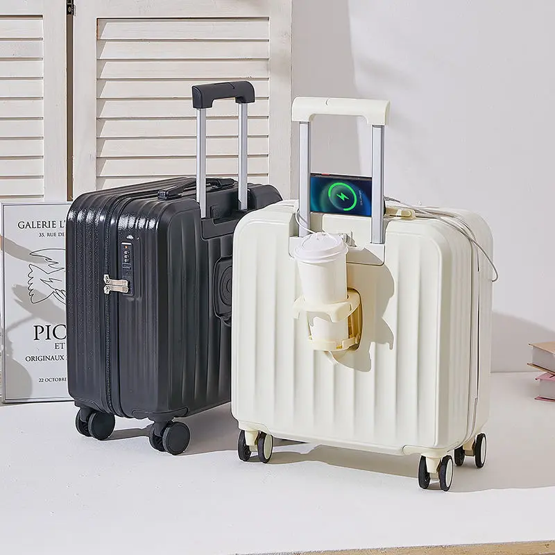 18-inch Carry on Suitcase Front Opening Cover with Charging Interface & Cup Holder Password Lock Waterproof  Children's Suitcase Traveling Bag Wheel Bag  Essentials lightweight travel luggage