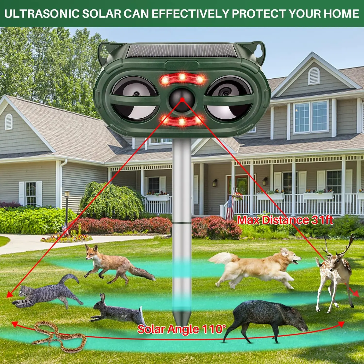SAIJZEK 2026 Eco Friendly Solar Ultrasonic Animal Repellent - Outdoor Rodent-Control Device with Flashing Lights, Upgraded IP55 Waterproof Motion Sensor, 26-31 ft Range for Farms, Raccoon Skunk Rat Repellent