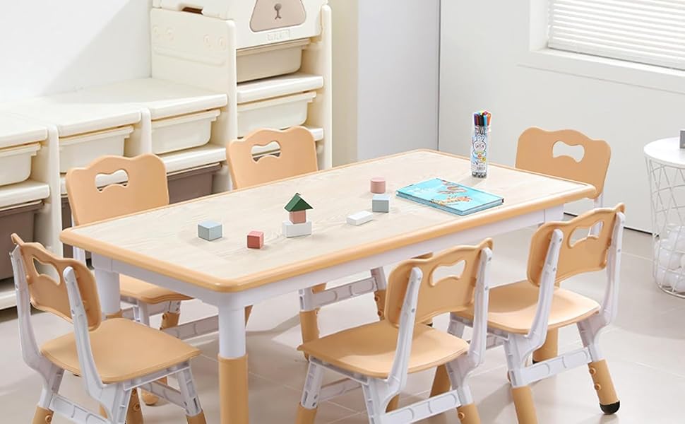 Kids Table and 6 Chairs Set, Height Adjustable Toddler Table and 6 Chair Set for Ages 2-10 for for Crafts and Study, Graffiti Desktop, Non-Slip Legs, Children Activity Table for Daycare, Classroom