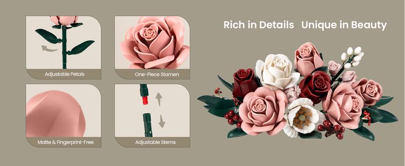Supreowls Pink Roses Flower Bouquet Building Set, Artificial Flowers Botanical Collection Kit for Adults Women & Men - Gift for Valentines Day, Home Room Office Shelf Centerpieces Decor