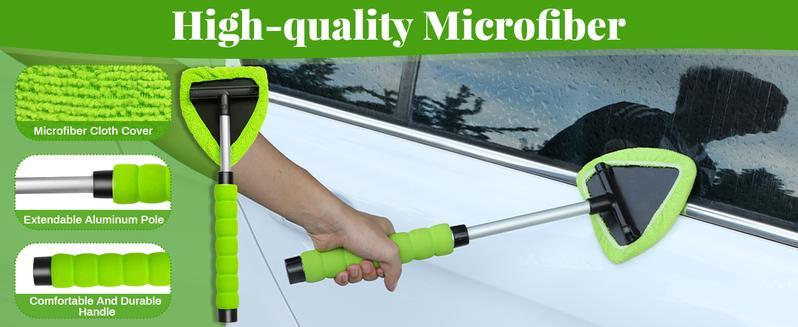 Windshield Cleaning Tool, Microfiber Car Window Cleaner with 3 Reusable and Washable Microfiber Pads and Extendable Handle