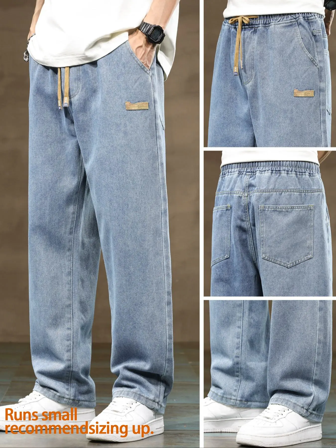 Men's drawstring elastic waist straight leg jeans, solid color Plain casual versatile non stretch denim pants, pocket, fit straight leg version, suitable for all seasons