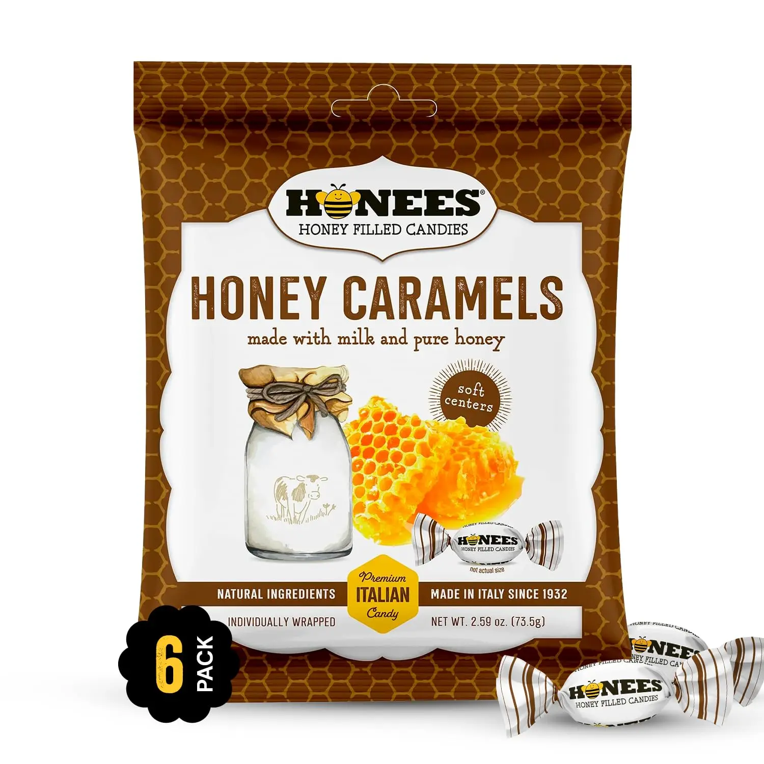 Honees Honey Caramels Hard Candy Individually Wrapped | Natural & Healthy Candy, Italian Made with Milk & Pure Honey, 3 Pack (8.55 oz)