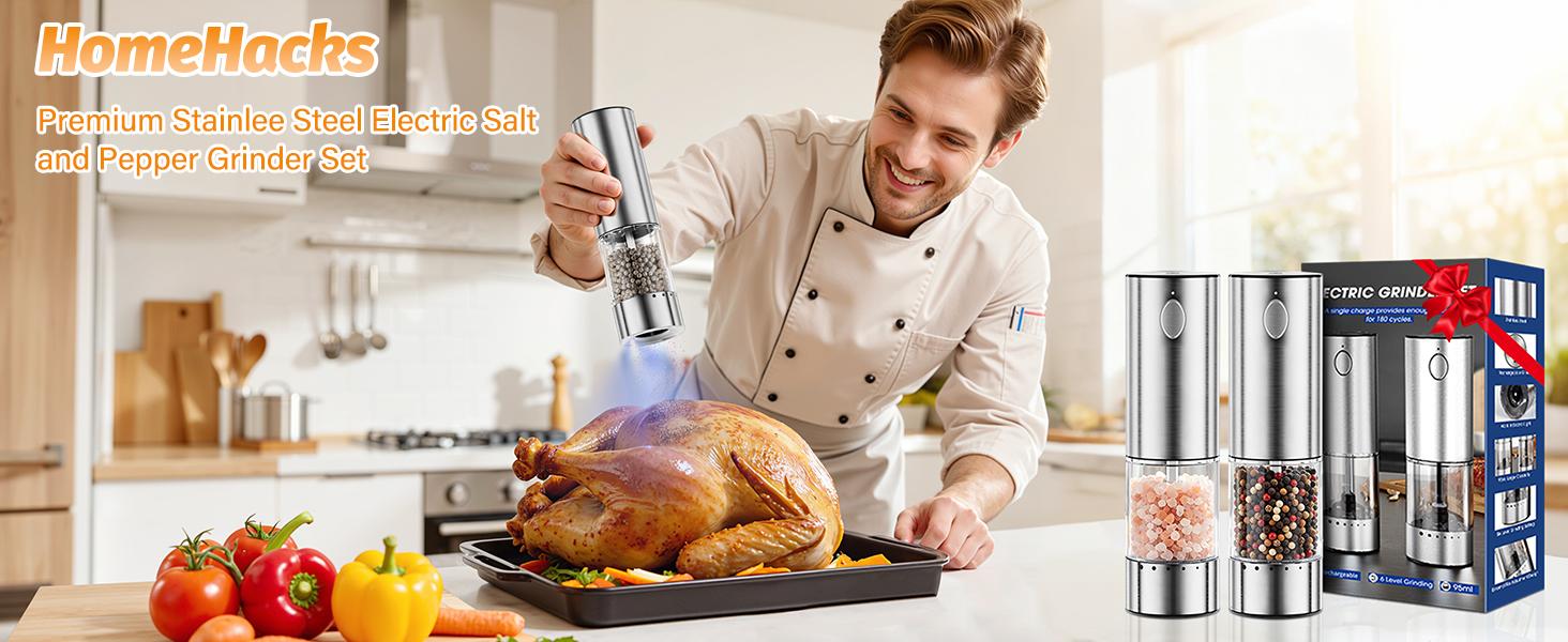 [HOMEHACKS Official]Electric Salt & Pepper Grinder Sets - Rechargeable, Automatic with Adjustable Coarseness (6 Settings) , One-Hand Operated, For Kitchen, Gift