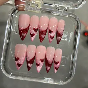 Valentine Press On Nails, Red Glitter Heart French Tip, Pink Ombre Stiletto Fake Nails
