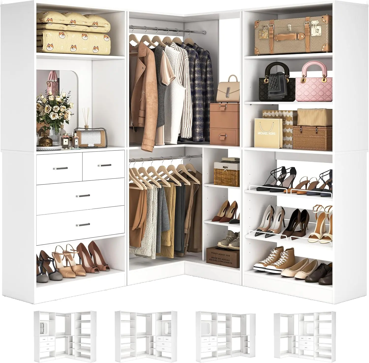 Unikito L-Shaped Closet Organizer System with Vanity Mirror & 4 Drawers, Corner Walk-in Wardrobe with Adjustable Shoe Rack & 2 Hanging Rods, Heavy Duty Closet Storage Set