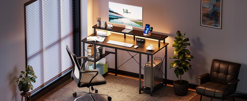 48 inch Gaming Desk with LED Lights & Power Outlets, Computer Desk with Monitor Stand & Storage Shelves, CPU Stand, Home Office Desk