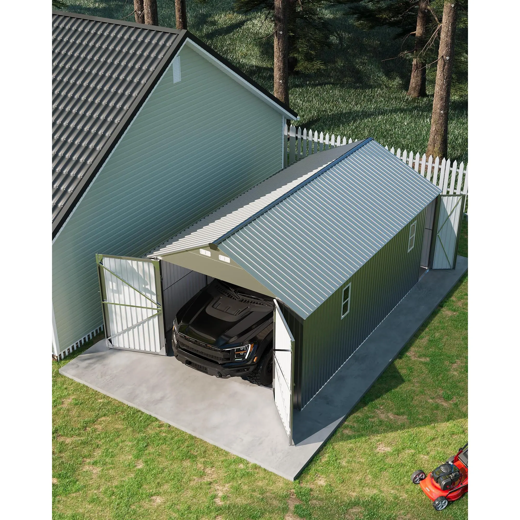 GARVEE 12x20 ft Enclosed Metal Carport, Vertical Steel Roof, Steel Frame, All-Weather Garage Shed with Man Door for Full-Sized Pickup Trucks & SUV, Gray