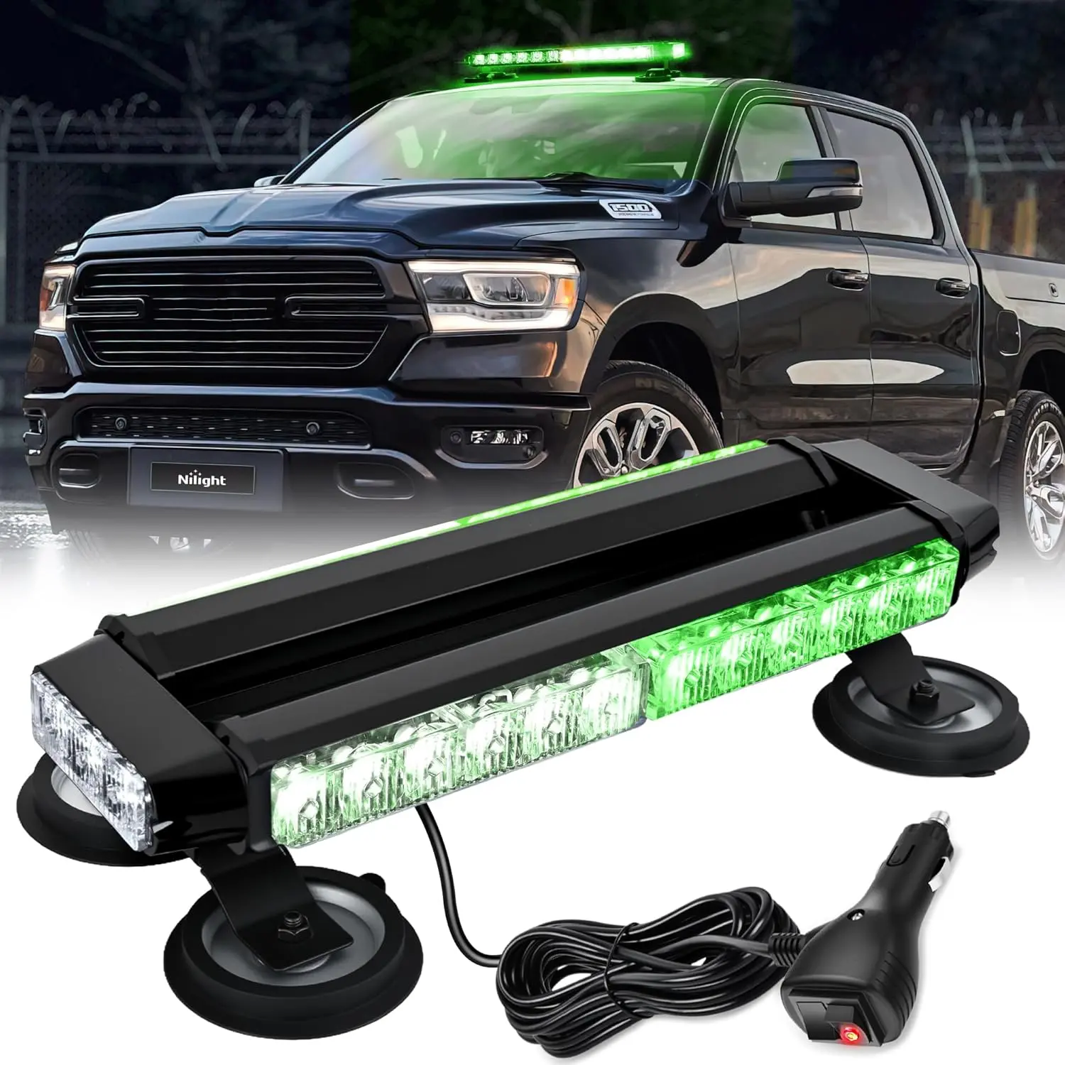 Nilight 14.5" 30LED Strobe Light Bar Double Side Rooftop Flashing Lights Green White Safety Working Light Bars with Magnetic Base for Construction Vehicles Plow Trucks Pickup