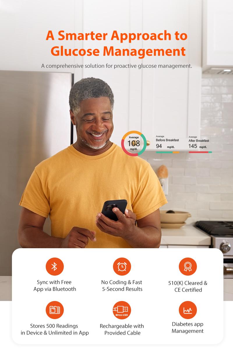 iHealth Blood Sugar Monitor Portable Glucose Meter Free App Finger Glucose Test Diabetes Accessories Strips Lancets Lancing Device Healthcare Kit