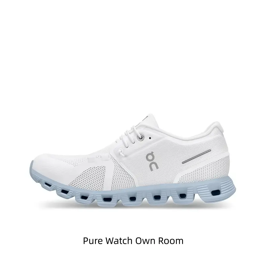 Breathable solid white mesh lightweight running sneaker with pale sky blue segmented hollow cushion outsole, thin grey side emblem print for daily jogging gym outdoor sports casual outfits.