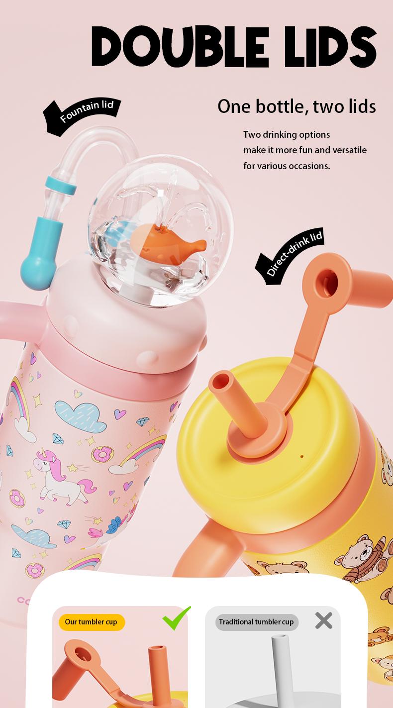 【COMOBEBE】24oz Stainless Steel Whale Fountain Tumbler with Handle – Two Lids, Spill-Proof, Dishwasher Safe, Cute & Perfect for Teens, and Adults Water Bottles Sturdy Drinkware Flasks