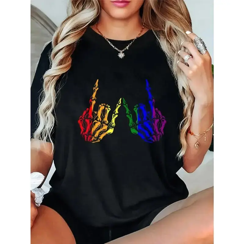 Men's 100% Cotton Printed Skeleton Rock Hand Rainbow Hands LGBT-Q Gay Pride Ally T-Shirt - Fit, Multi-Size Top