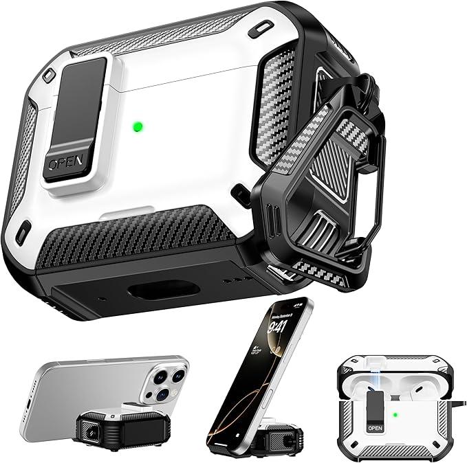 AirPods Pro 3 Generation Case Cover with Cleaner Kit, Military Hard Shell Protective Armor with Lock for AirPod Gen 3 Charging Case 2021,Front LED Visible,White