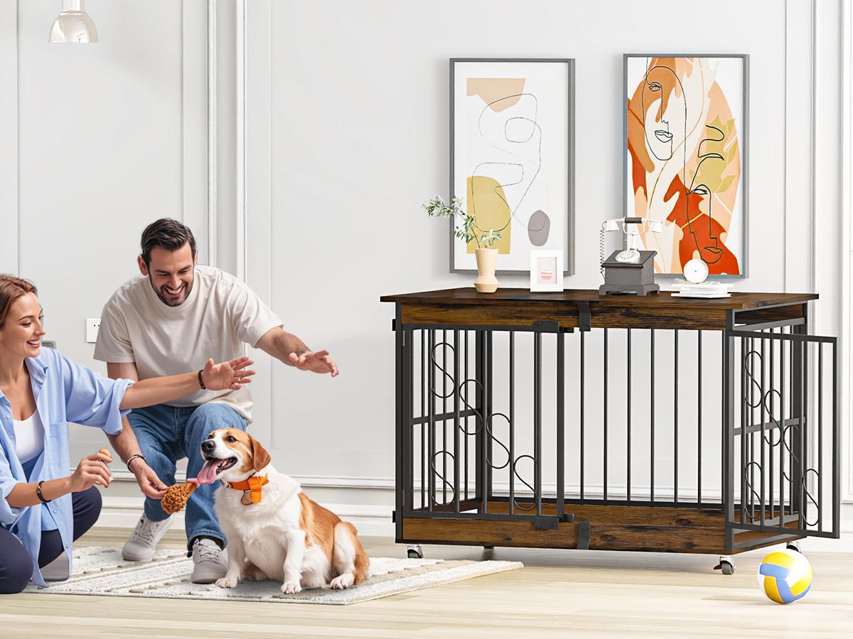 【TreasureFinds】COZPAW  Dog Crate Furniture 48 Inch Wooden Heavy Duty Dog Kennel with Lockable Wheels for Medium/Large Dogs, Three Doors Cage   (Brown)